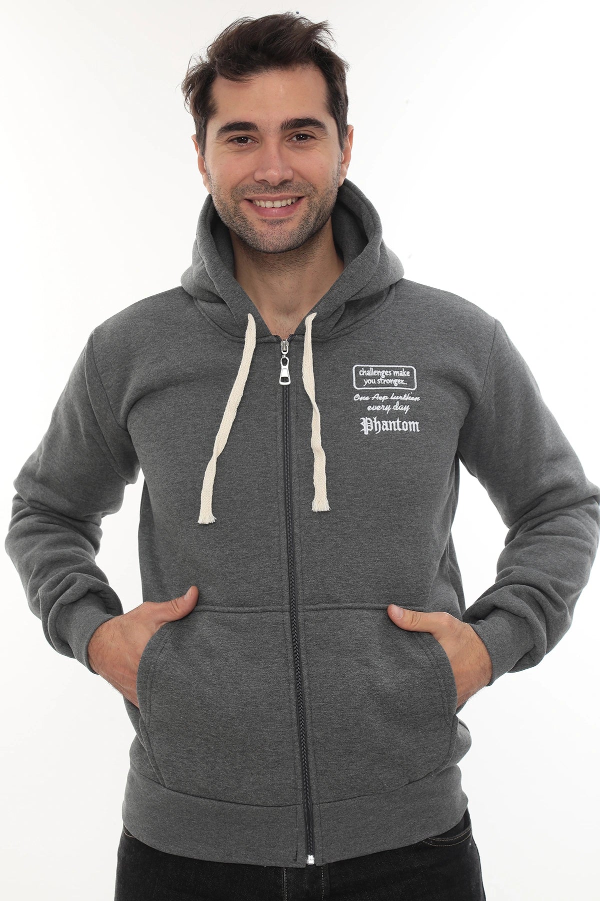 Erkek Koyu Gri Standart Fit Normal Kesim Içi Polarlı Tam Fermuarlı Kapüşonlu Pamuklu Sweatshirt