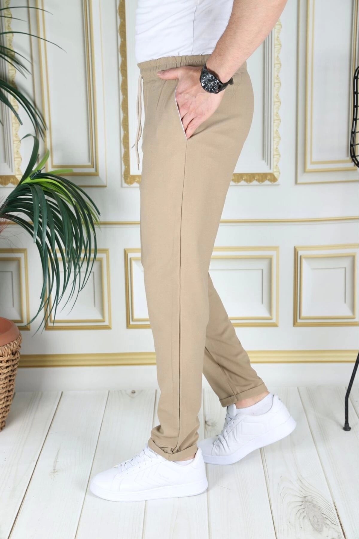 Erkek Hardal Italyan Kesim Esnek Slim Fit Likralı Lastikli Duble Paça Kumaş Pantolon Okul