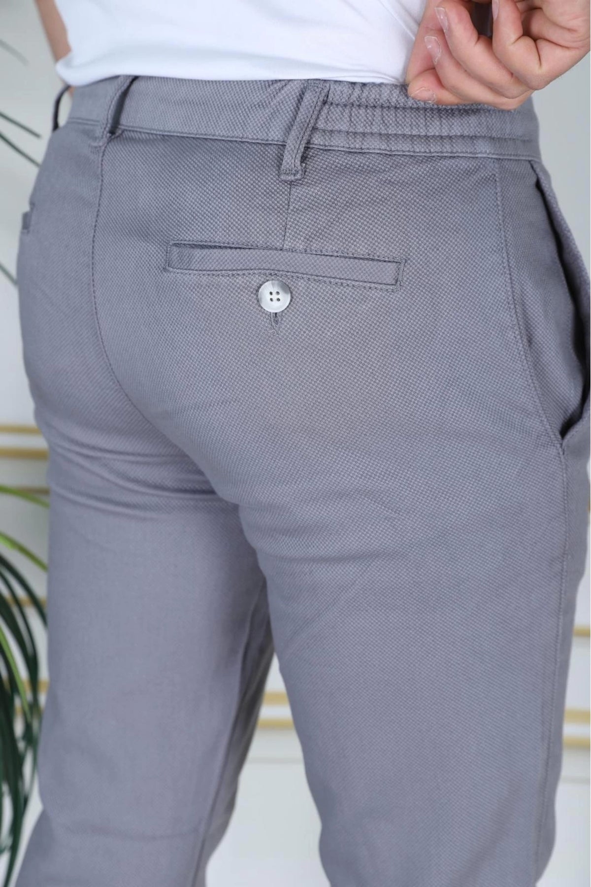 Erkek Gri Slim Fit Esnek Likralı Armürlü Keten Pantolon Bağcıklı Kemerli Beli Lastikli Şık Pantolon