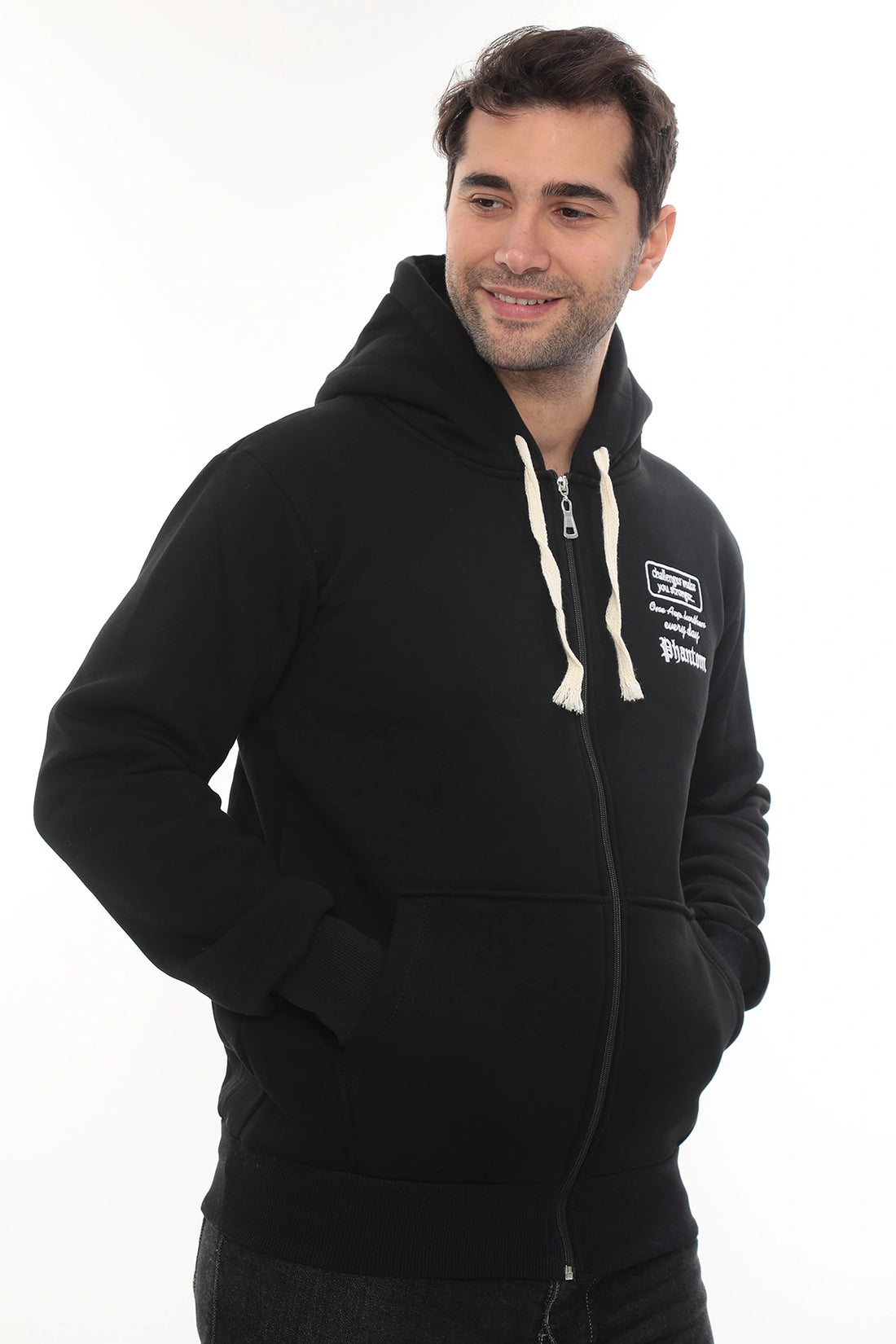 Erkek Siyah Standart Fit Normal Kesim Içi Polarlı Tam Fermuarlı Kapüşonlu Pamuklu Sweatshirt