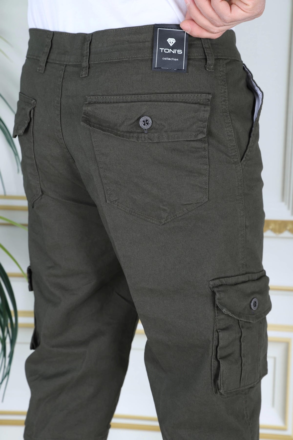 Haki Erkek Slim Fit Kapri Likralı Gabardin Diz Altı Kargo Cepli Bermuda Baba-Genç