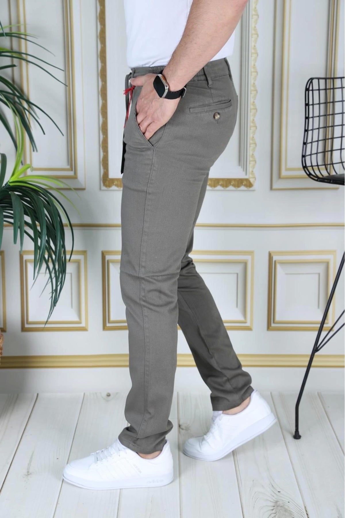 Erkek Haki Slim Fit Esnek Likralı Armürlü Keten Pantolon Bağcıklı Kemerli Beli Lastikli Şık Pantolon
