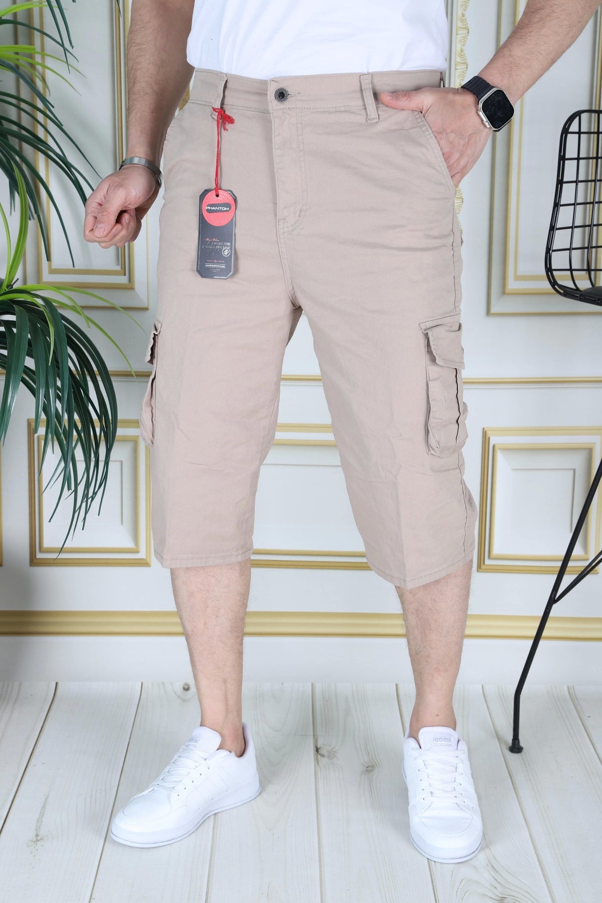 Krem Erkek Slim Fit Kapri Likralı Gabardin Diz Altı Kargo Cepli Bermuda