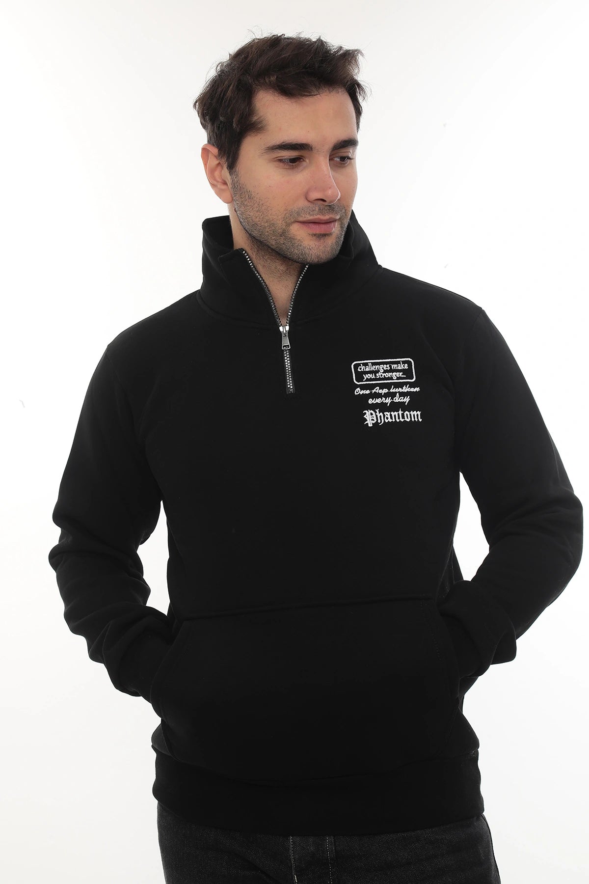 Erkek Siyah Standart Fit Normal Kesim Içi Polarlı Yarım Fermuarlı Dik Bato Yaka Pamuklu Sweatshirt