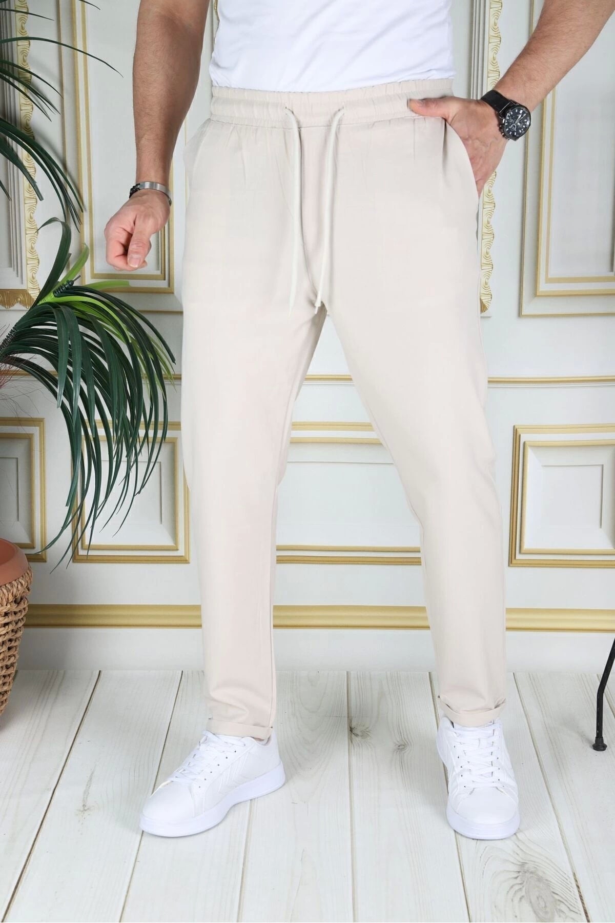 Erkek Bej Italyan Kesim Kaliteli Slim Fit Likralı Lastikli Bağcıklı Duble Paça Kumaş Pantolon Okul