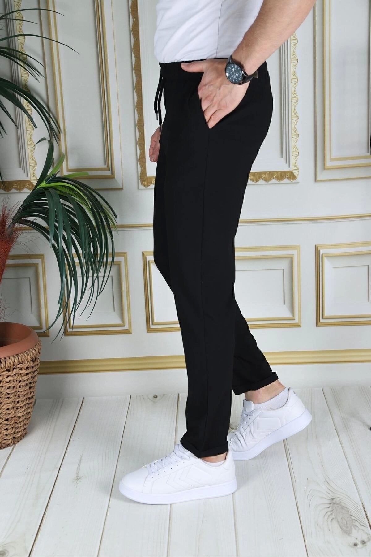 Erkek Siyah Italyan Kesim Kaliteli Esnek Slim Fit Likralı Lastikli Duble Paça Kumaş Pantolon Okul