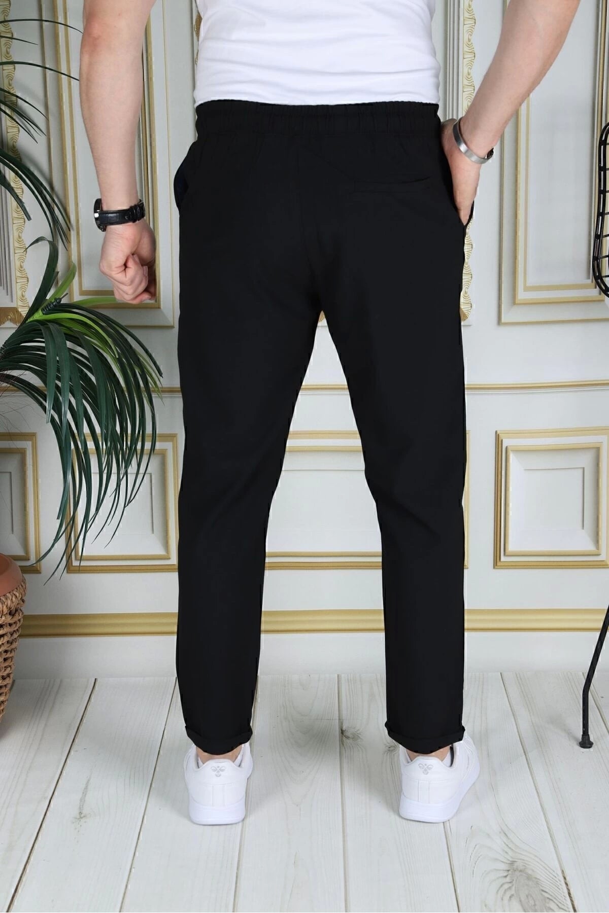 Erkek Siyah Italyan Kesim Kaliteli Esnek Slim Fit Likralı Lastikli Duble Paça Kumaş Pantolon Okul