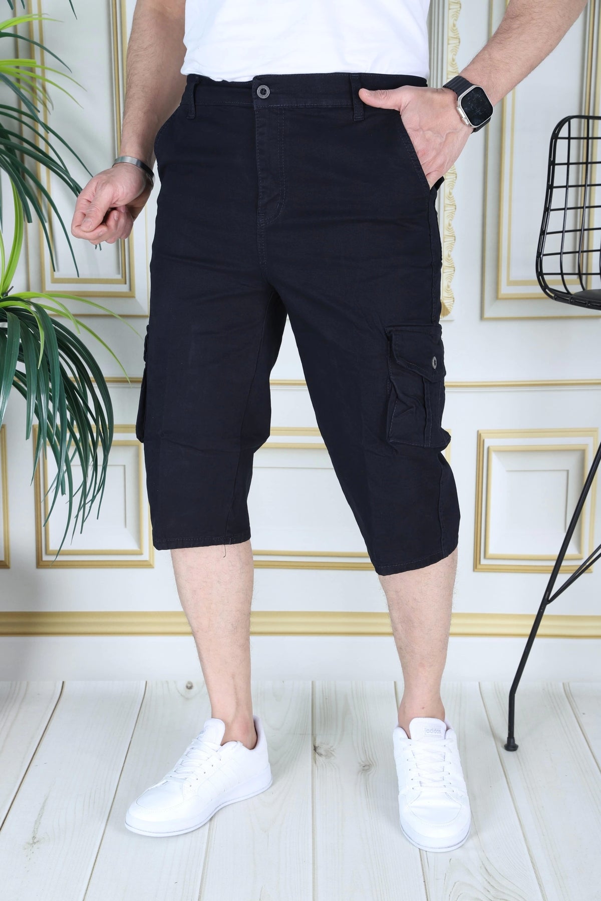 Lacivert Erkek Regular Fit Rahat Kesim Kapri Likralı Gabardin Diz Altı Kargo Cepli Bermuda Kapri