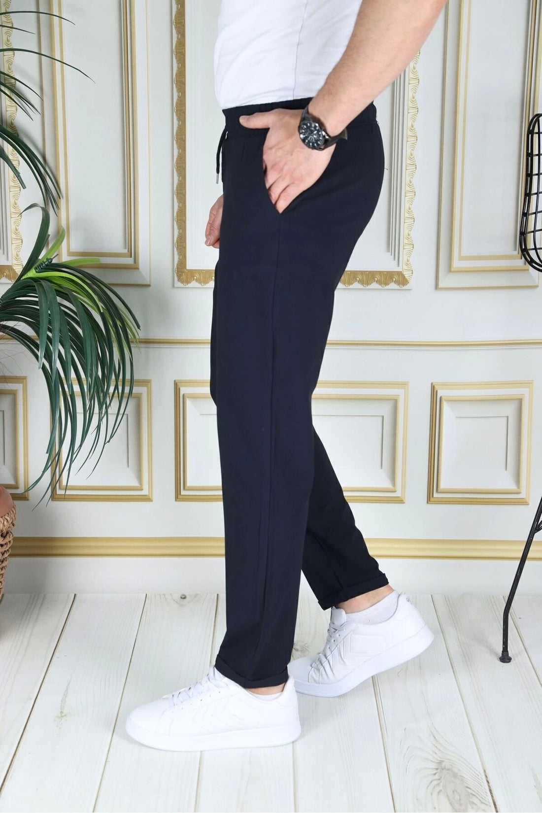 Erkek Lacivert Italyan Kesim Esnek Slim Fit Likralı Lastikli Duble Paça Kumaş Pantolon Okul