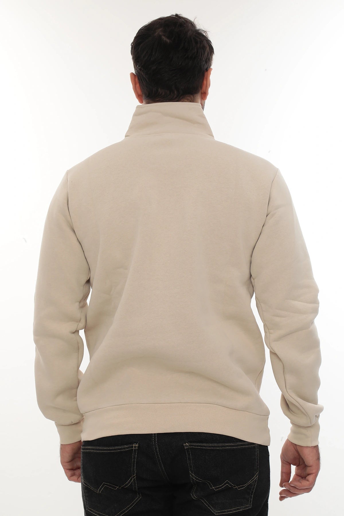 Erkek Bej Standart Fit Normal Kesim Içi Polarlı Yarım Fermuarlı Dik Bato Yaka Pamuklu Sweatshirt