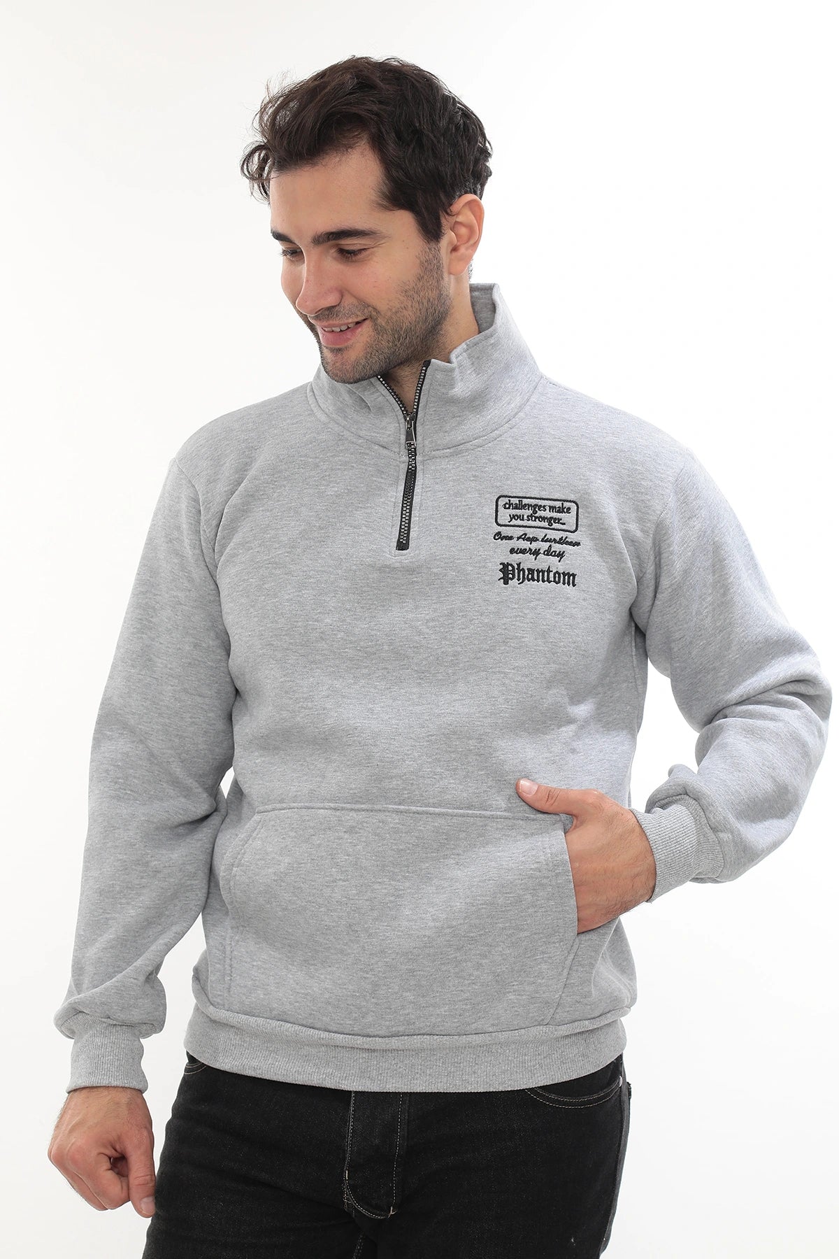 Erkek Açık Gri Standart Fit Normal Kesim Içi Polarlı Yarım Fermuarlı Dik Bato Yaka Pamuklu Sweatshir