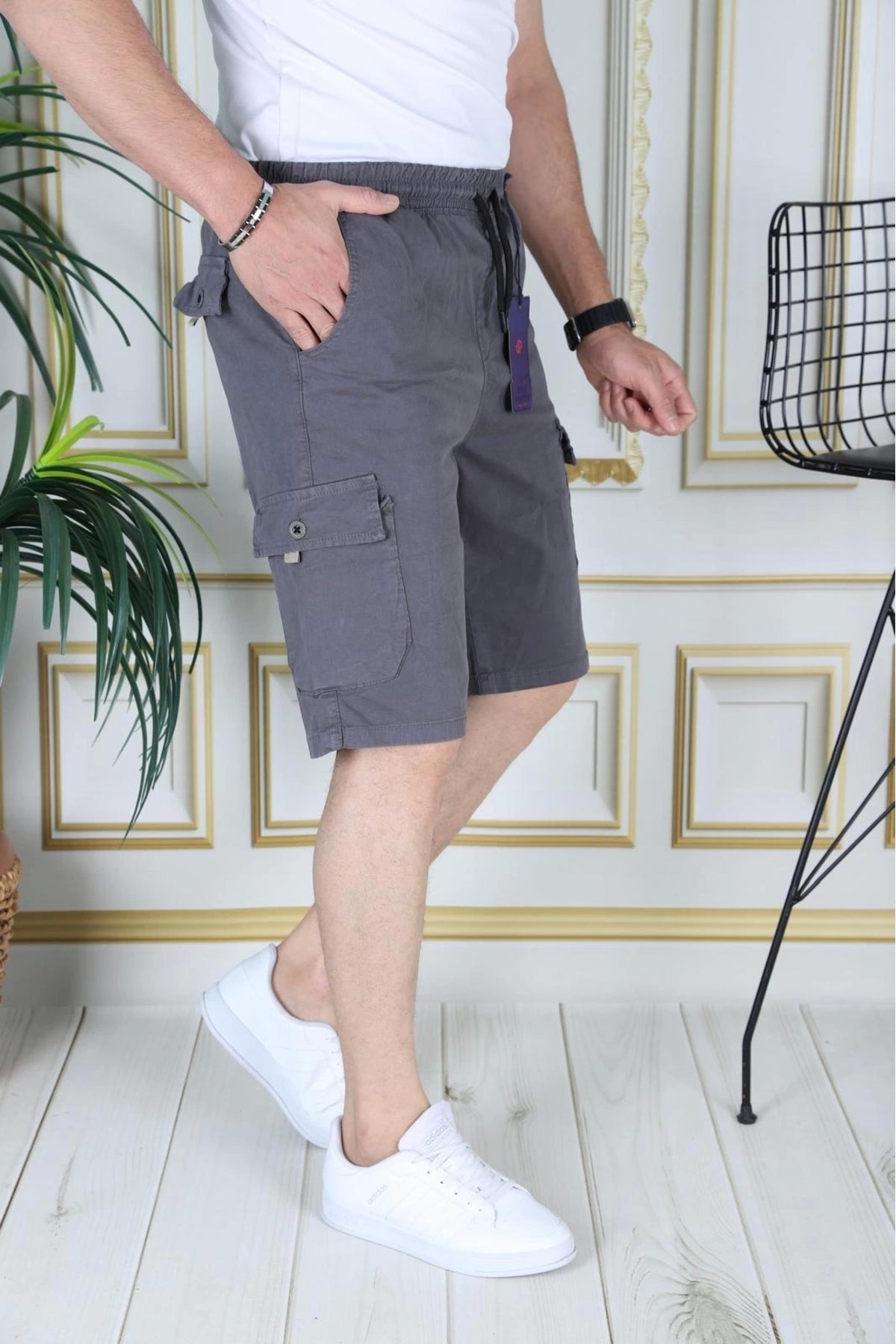 Erkek Gri Likralı Gabardin Şort Kargo Cepli Pamuklu Beli Lastikli Bağcıklı Basic Şort
