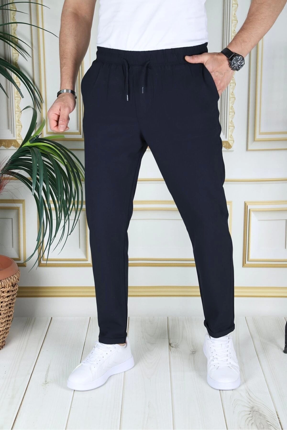 Erkek Lacivert Italyan Kesim Esnek Slim Fit Likralı Lastikli Duble Paça Kumaş Pantolon Okul