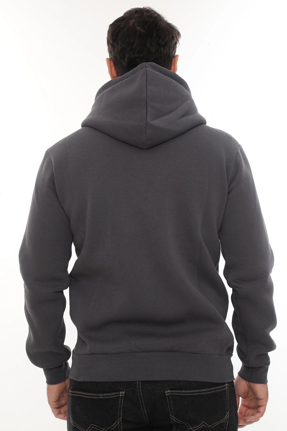 Erkek Füme Standart Fit Normal Kesim Içi Polarlı Tam Fermuarlı Kapüşonlu Pamuklu Sweatshirt
