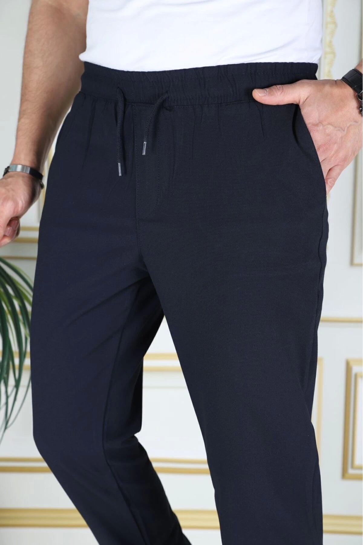 Erkek Lacivert Italyan Kesim Esnek Slim Fit Likralı Lastikli Duble Paça Kumaş Pantolon Okul