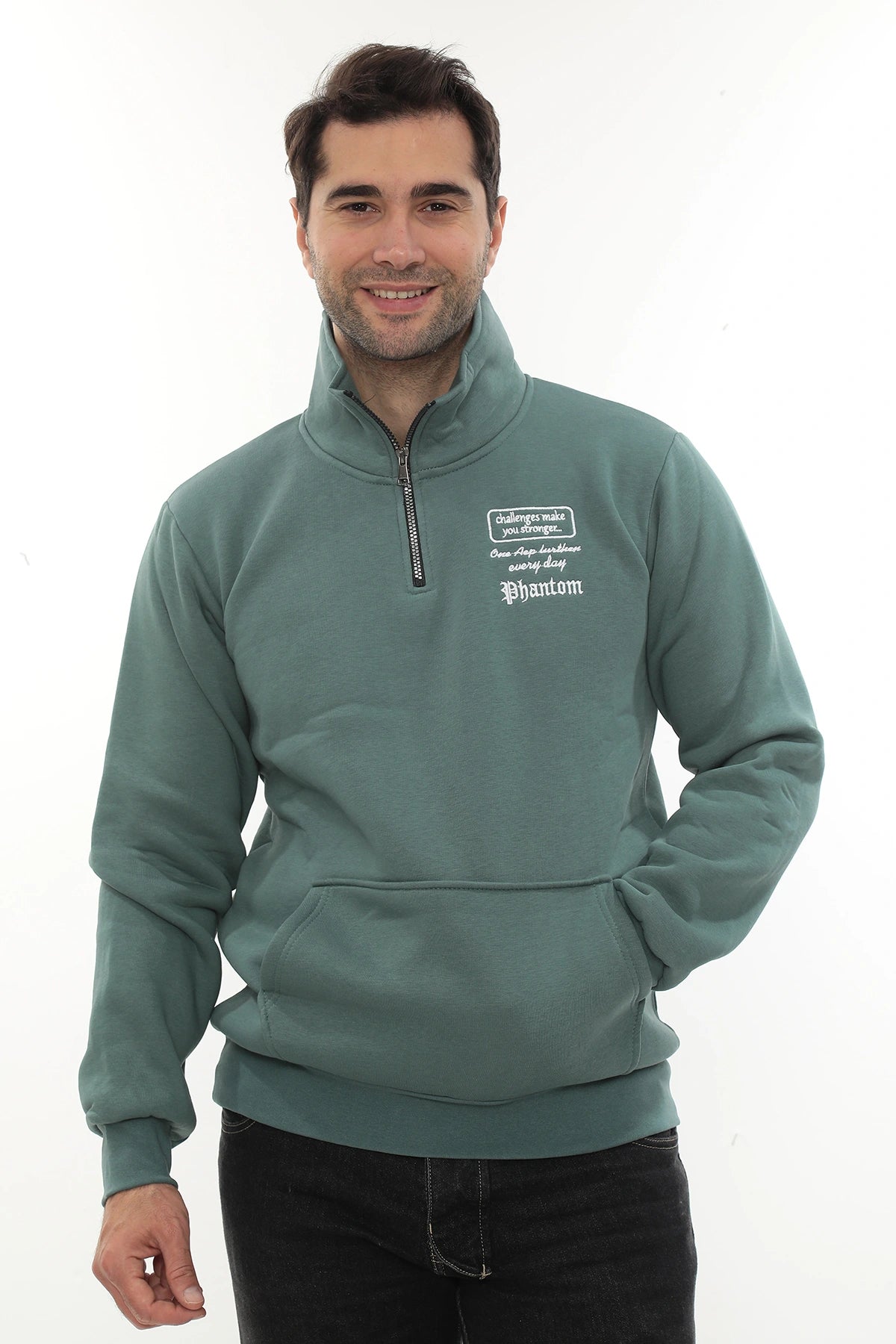 Erkek Petrol Standart Fit Normal Kesim Içi Polarlı Yarım Fermuarlı Dik Bato Yaka Pamuklu Sweatshirt