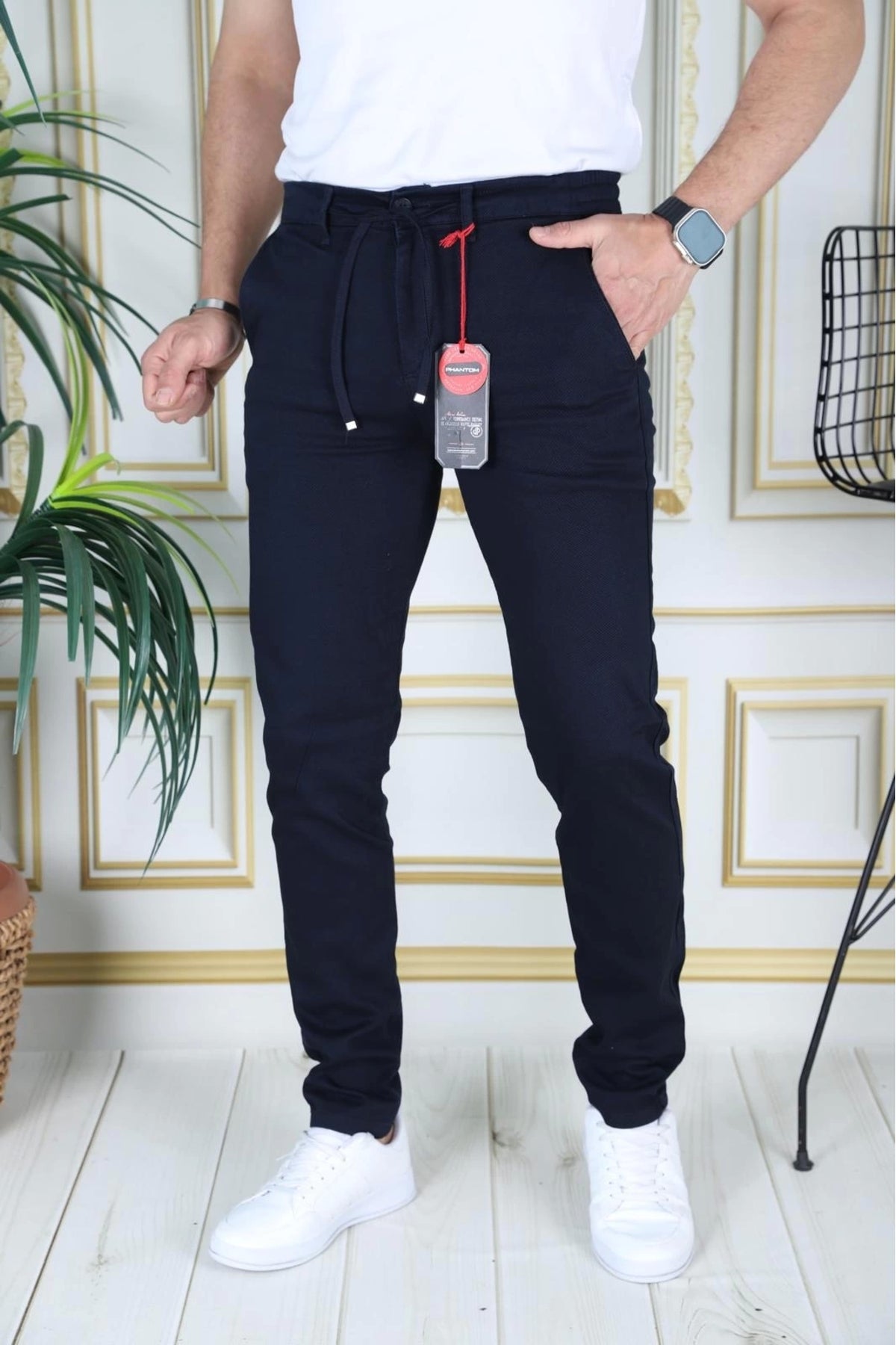 Erkek Lacivert Slim Fit Esnek Likralı Armürlü Keten Bağcıklı Kemerli Beli Lastikli Şık Pantolon