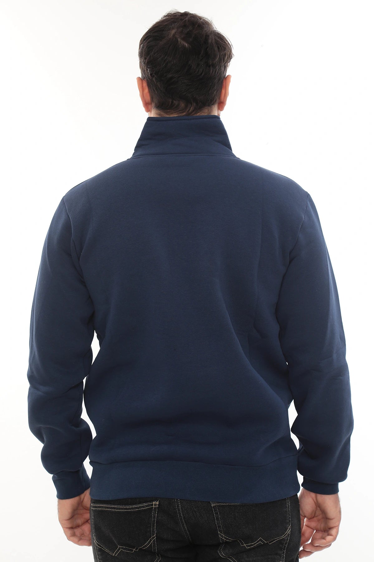 Erkek Mavi Standart Fit Normal Kesim Içi Polarlı Yarım Fermuarlı Dik Bato Yaka Pamuklu Sweatshirt