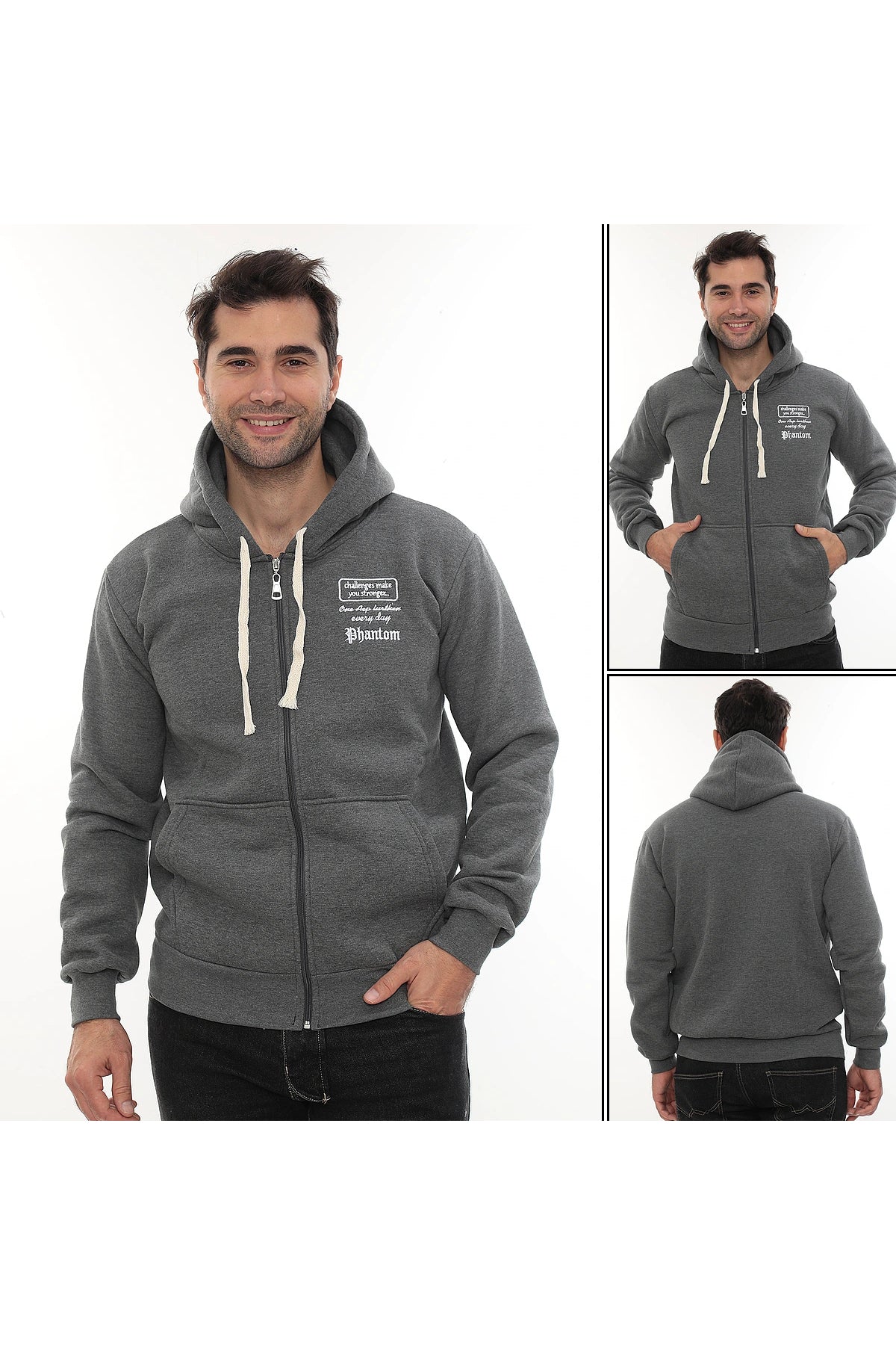Erkek Koyu Gri Standart Fit Normal Kesim Içi Polarlı Tam Fermuarlı Kapüşonlu Pamuklu Sweatshirt