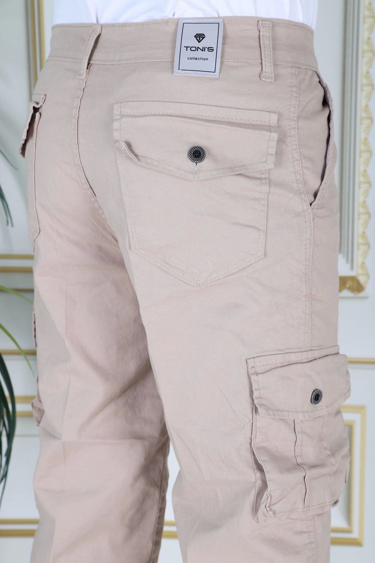 Krem Erkek Slim Fit Kapri Likralı Gabardin Diz Altı Kargo Cepli Bermuda