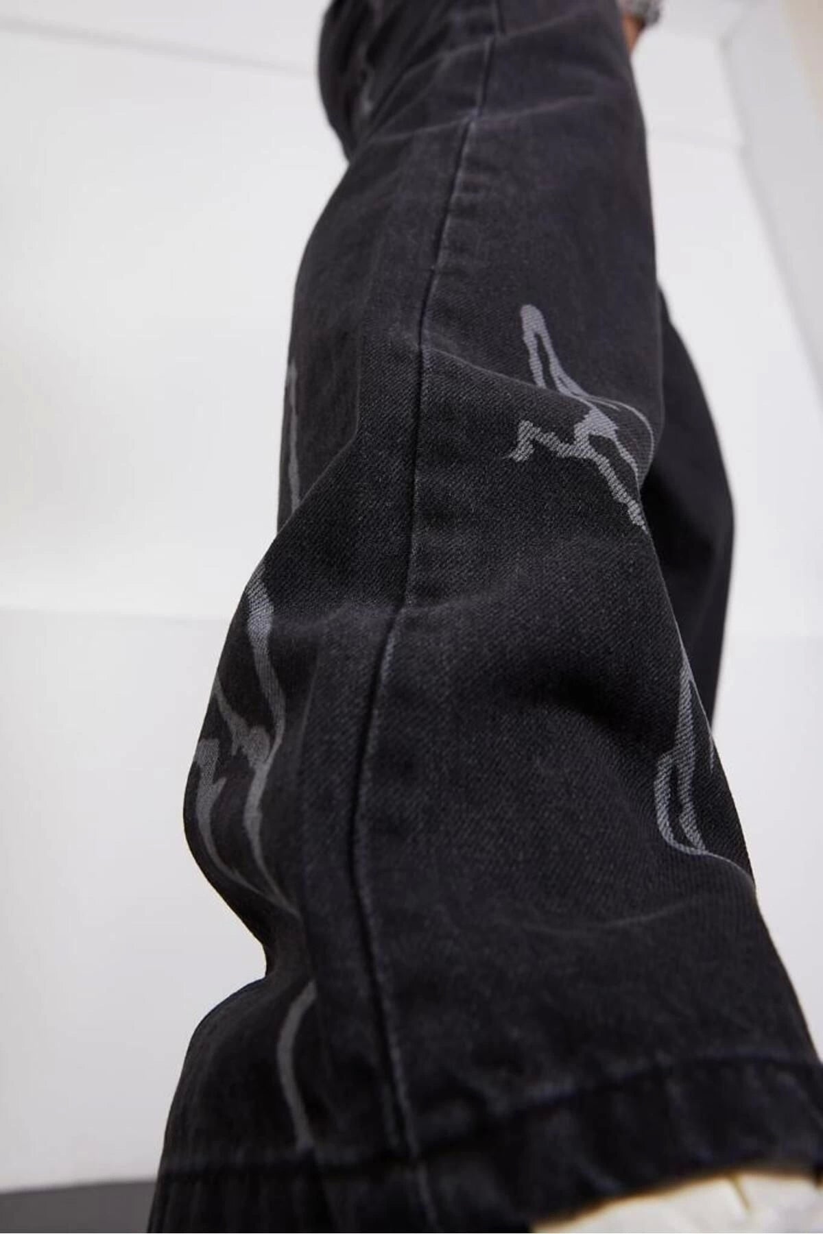 Baggy Şimşek/Yıldırım Desenli Jeans Kot Pantolon Koyu Gri Oversize Salaş Sokak Stili Denim