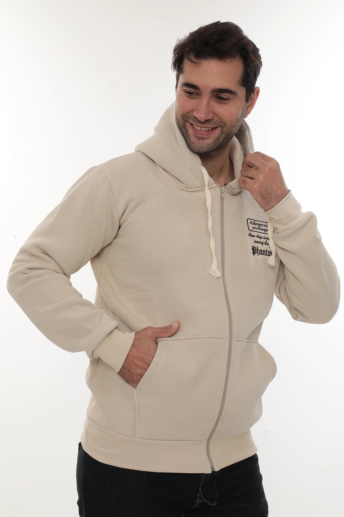 Erkek Bej Standart Fit Normal Kesim Içi Polarlı Tam Fermuarlı Kapüşonlu Pamuklu Sweatshirt
