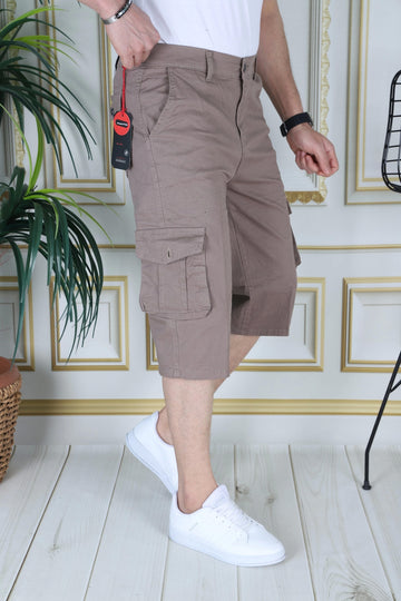 Kahverengi Erkek Regular Fit Kapri Likralı Gabardin Diz Altı Kargo Cepli Bermuda Baba-Genç