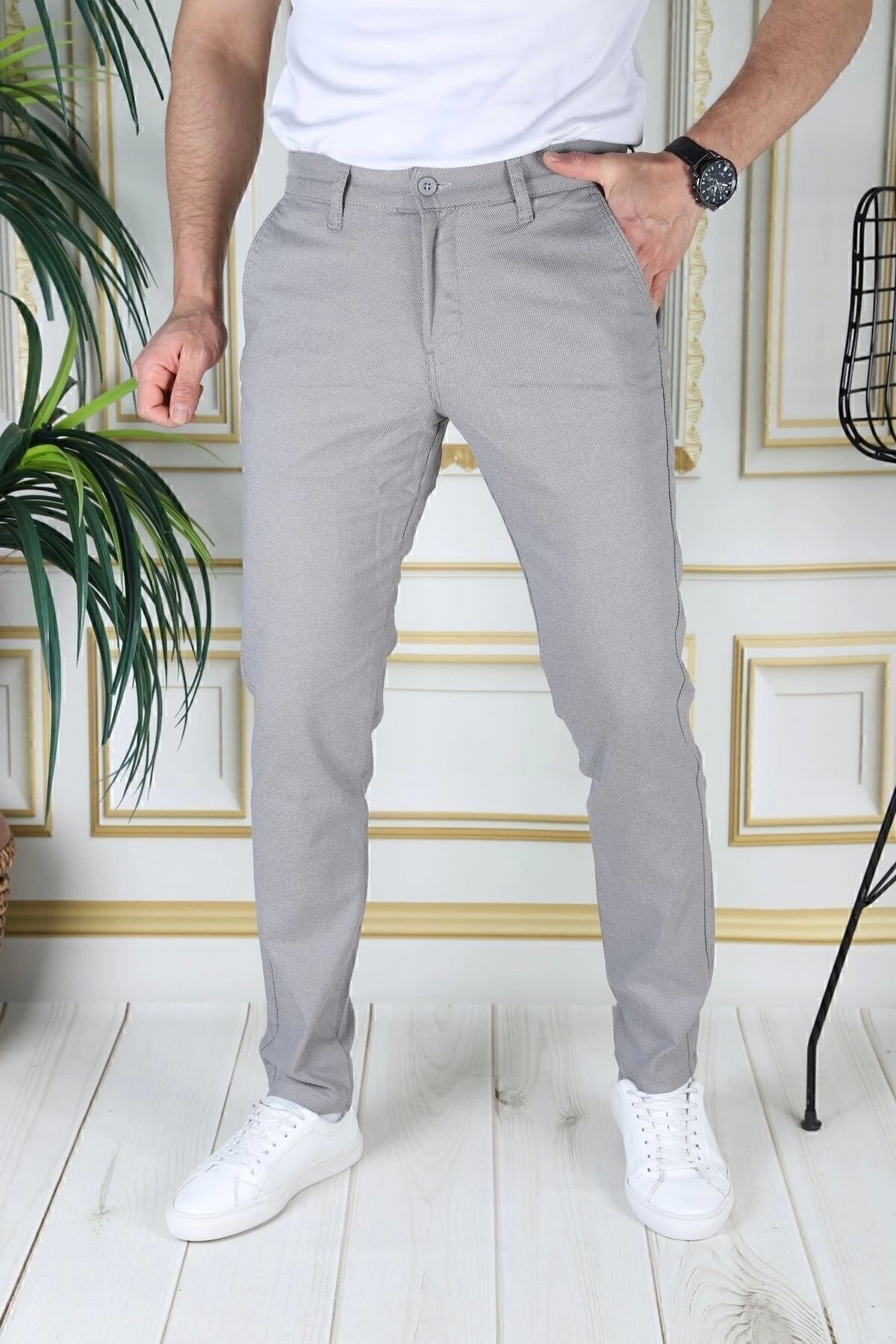 Erkek Gri Slim Fit Likralı Yan Cepli Armürlü Dar Kesim Esnek Şık Chino Kanvas Keten Pantolon
