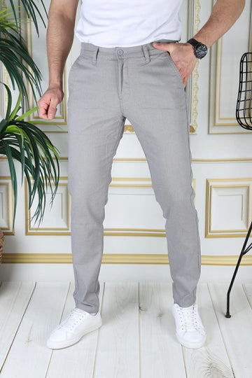 Erkek Gri Slim Fit Likralı Yan Cepli Armürlü Dar Kesim Esnek Şık Chino Kanvas Keten Pantolon