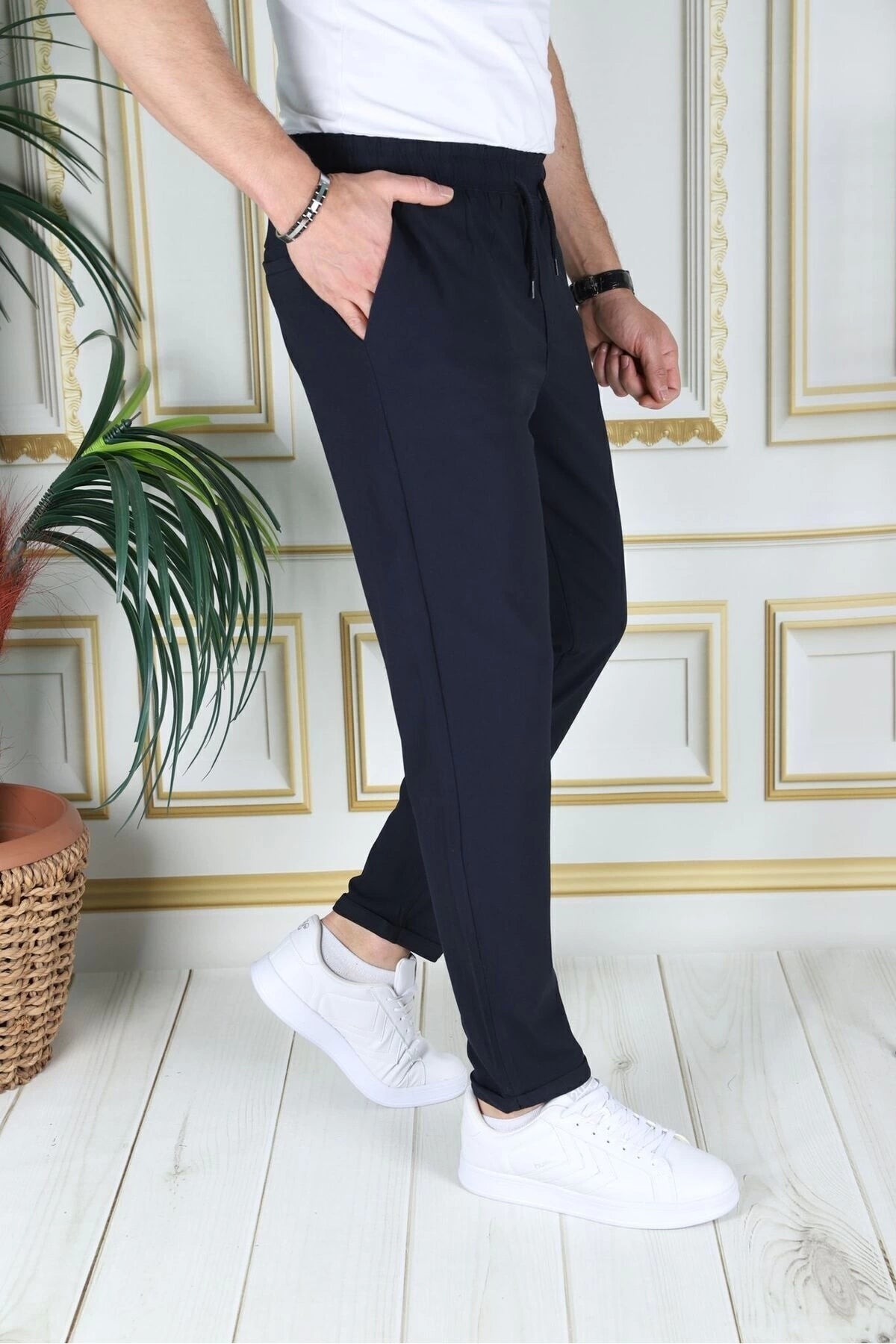 Erkek Lacivert Italyan Kesim Esnek Slim Fit Likralı Lastikli Duble Paça Kumaş Pantolon Okul