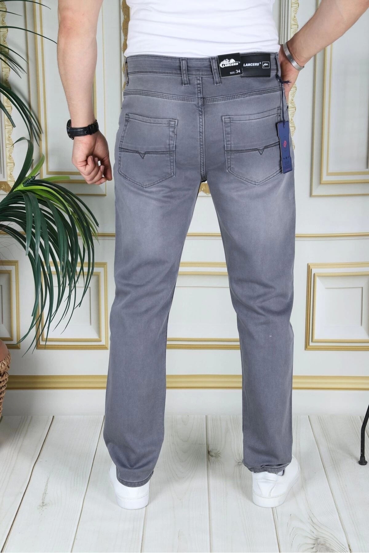 Erkek Gri Üstten Cepli Armürlü Regular Fit Rahat Kesim Esnek Chino Keten/kanvas Koton Pantolon