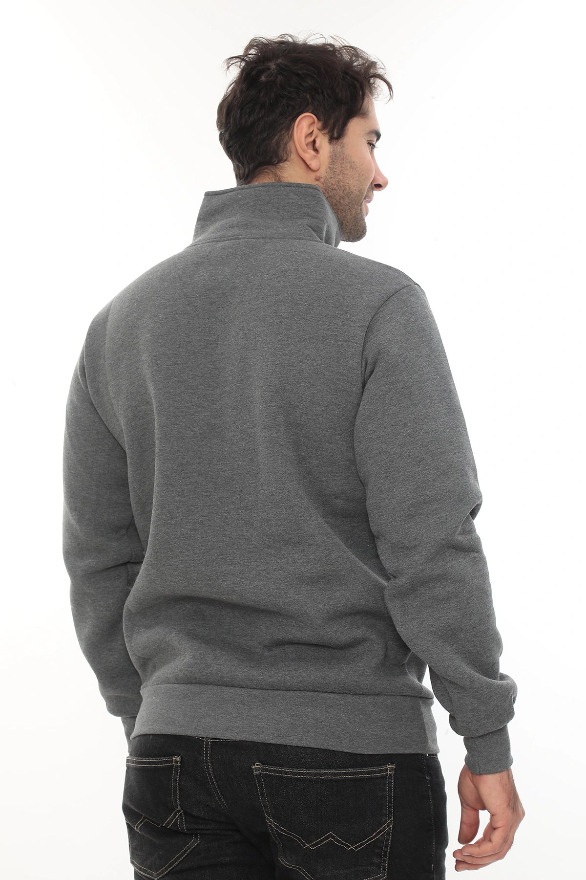 Erkek Gri Standart Fit Normal Kesim Içi Polarlı Yarım Fermuarlı Dik Bato Yaka Pamuklu Sweatshirt