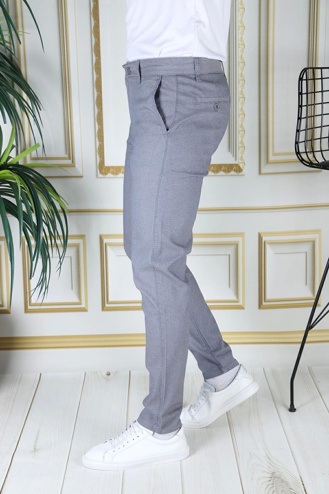 Erkek Mavi Slim Fit Likralı Yan Cepli Armürlü Ekose Dar Kesim Esnek Şık Chino Kanvas Pantolon