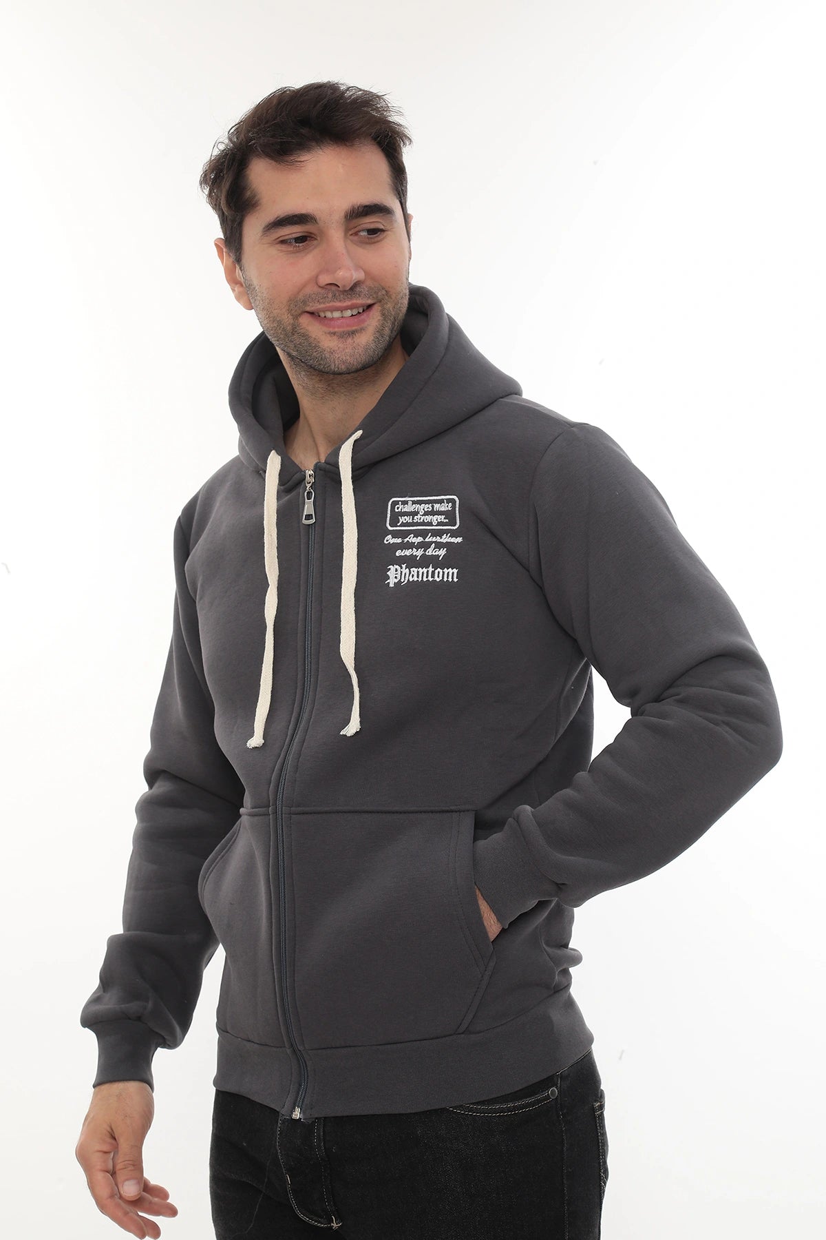 Erkek Füme Standart Fit Normal Kesim Içi Polarlı Tam Fermuarlı Kapüşonlu Pamuklu Sweatshirt