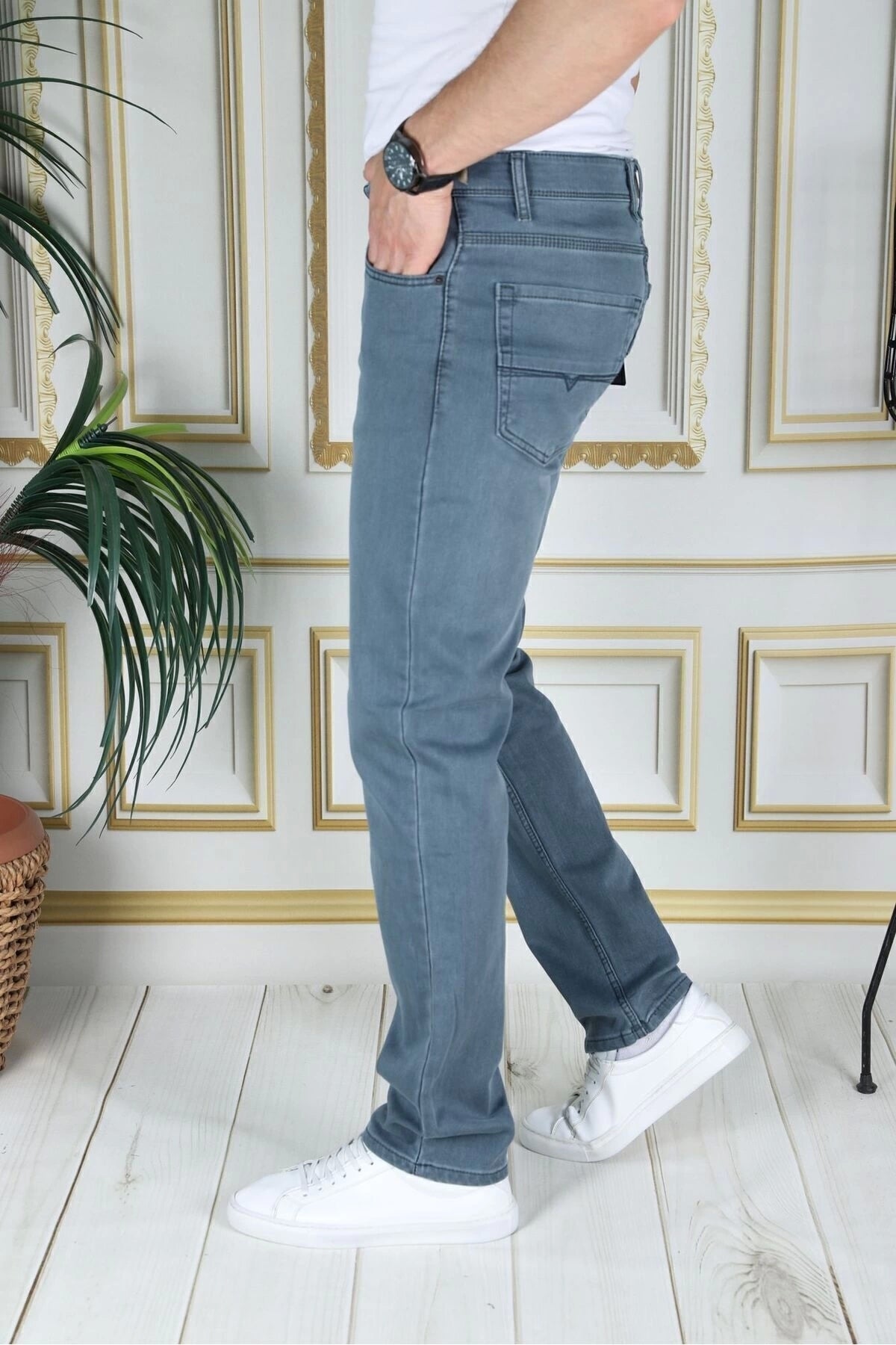 Erkek Tintyeşil Üstten Cepli Armürlü Regular Fit Rahat Kesim Esnek Chino Keten/kanvas Koton Pantolon