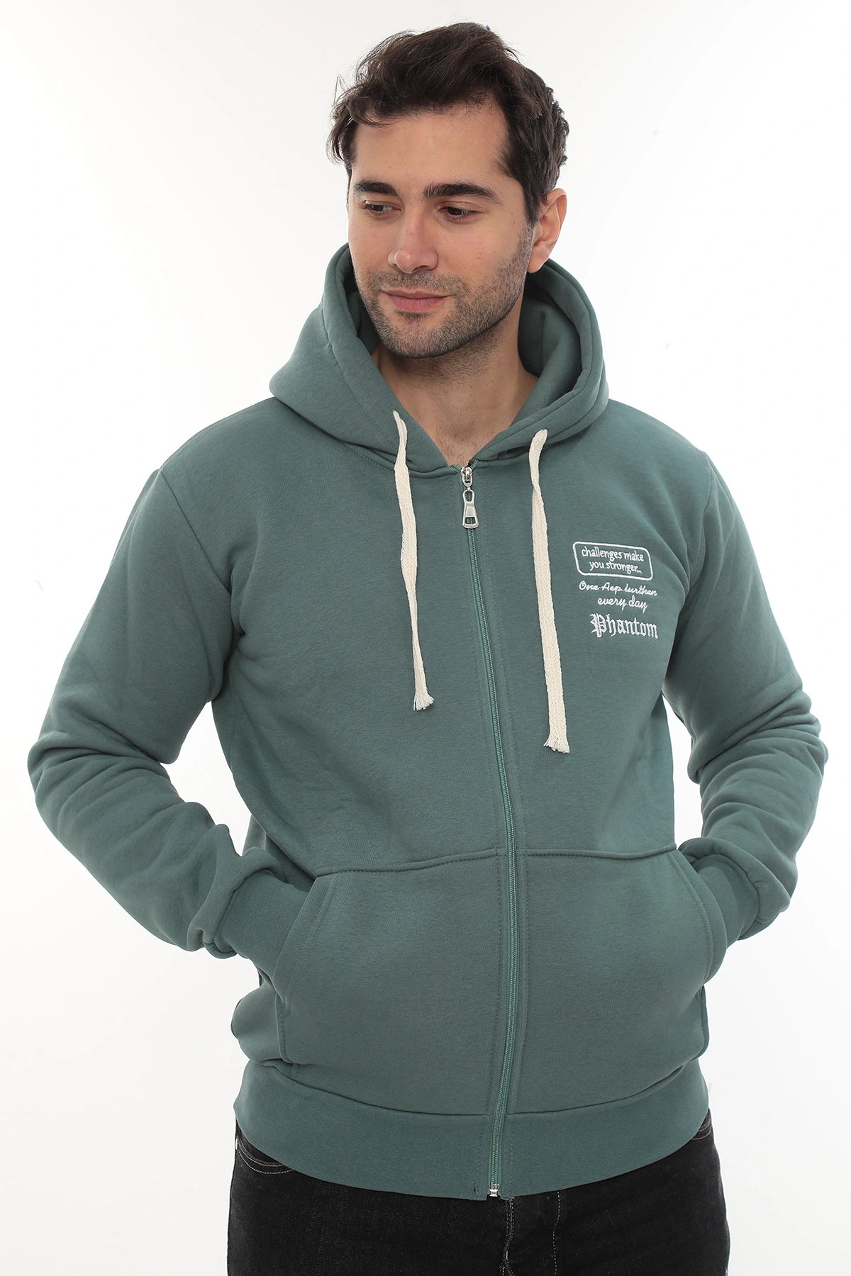 Erkek Petrol Standart Fit Normal Kesim Içi Polarlı Tam Fermuarlı Kapüşonlu Pamuklu Sweatshirt