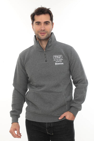 Erkek Gri Standart Fit Normal Kesim Içi Polarlı Yarım Fermuarlı Dik Bato Yaka Pamuklu Sweatshirt