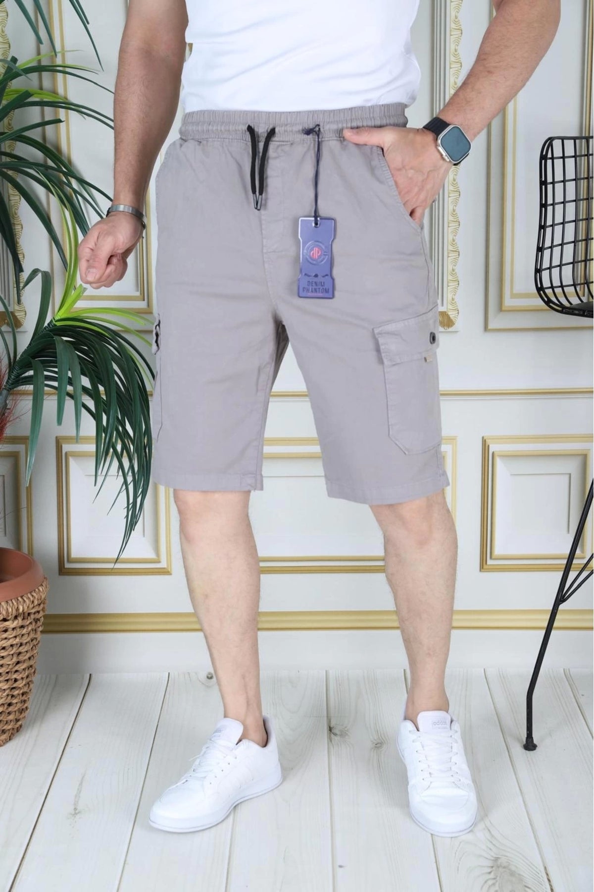 Erkek Taş Renk Likralı Gabardin Şort Kargo Cepli Pamuklu Beli Lastikli Bağcıklı Basic Şort