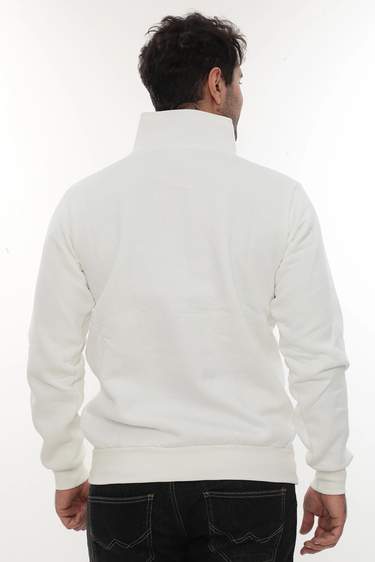 Erkek Beyaz Standart Fit Normal Kesim Içi Polarlı Yarım Fermuarlı Dik Bato Yaka Pamuklu Sweatshirt