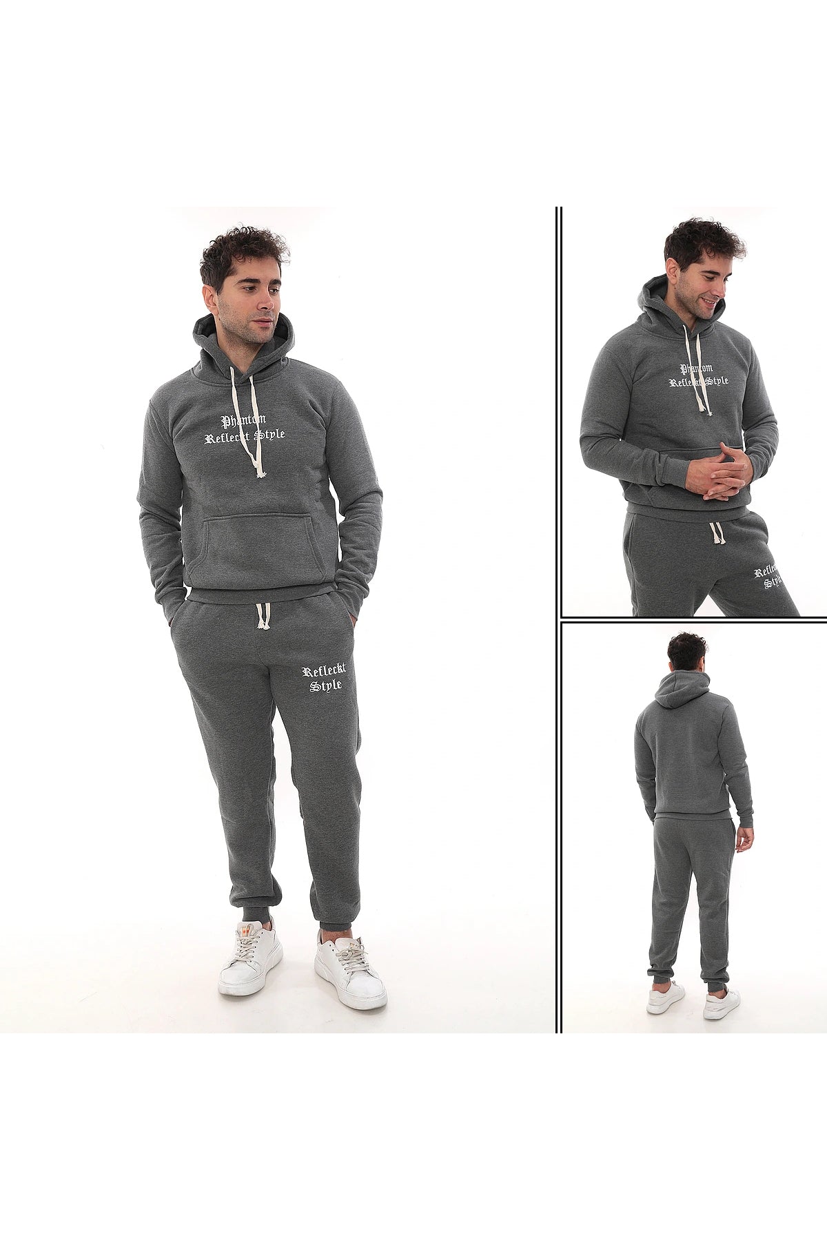Koyu Gri Polarlı Erkek Eşofman Takımı Paça Lastikli Cepli Kapüşonlu Nakış Detaylı Compact Takım