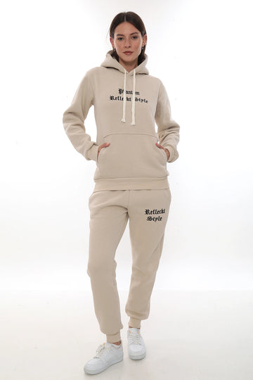 Bej Şık Polarlı Kadın Eşofman Takımı Paça Lastikli Cepli Kapüşonlu Nakış Detaylı Compact Takım