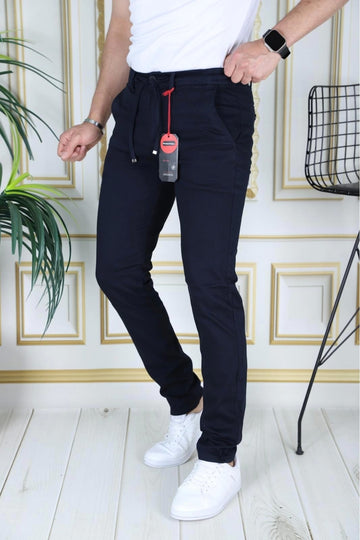 Erkek Lacivert Slim Fit Esnek Likralı Armürlü Keten Bağcıklı Kemerli Beli Lastikli Şık Pantolon