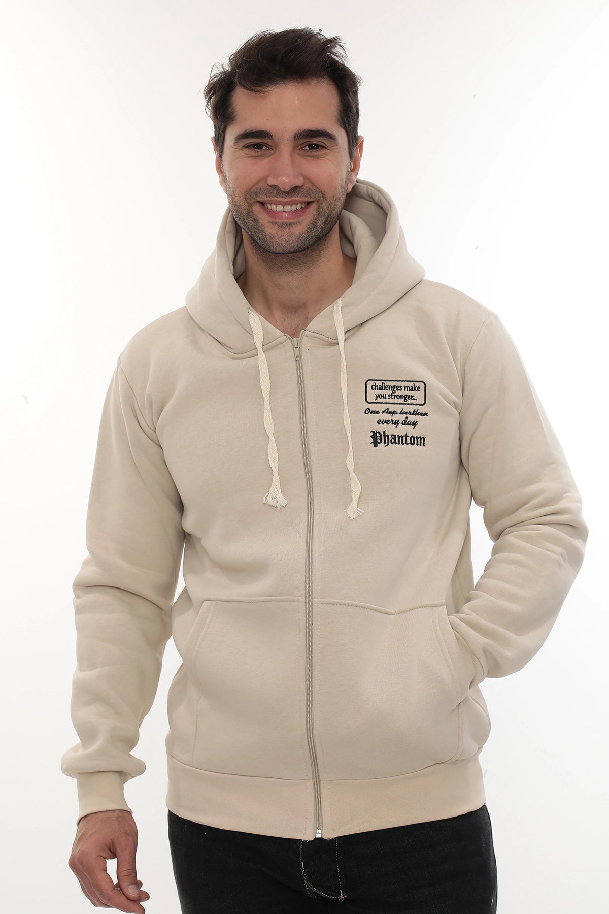 Erkek Bej Standart Fit Normal Kesim Içi Polarlı Tam Fermuarlı Kapüşonlu Pamuklu Sweatshirt