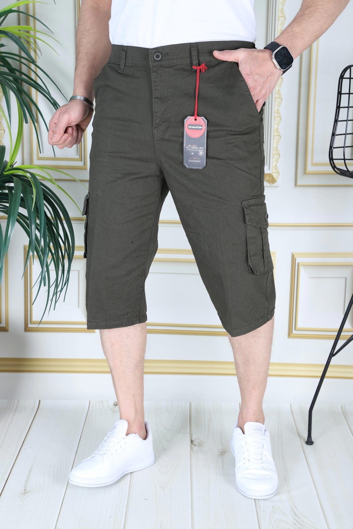 Haki Erkek Slim Fit Kapri Likralı Gabardin Diz Altı Kargo Cepli Bermuda Baba-Genç