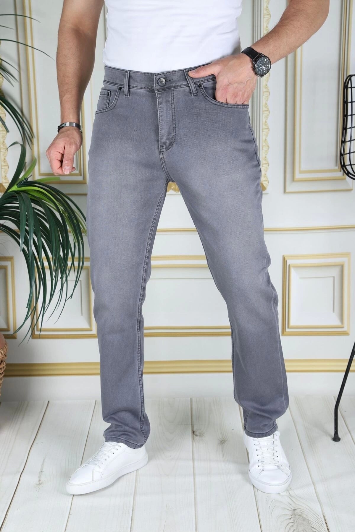 Erkek Gri Üstten Cepli Armürlü Regular Fit Rahat Kesim Esnek Chino Keten/kanvas Koton Pantolon