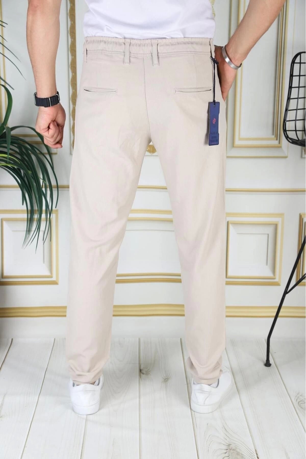 Erkek Bej Italyan Kesim Kaliteli Esnek Slim Fit Likralı Lastikli Ipli Şık Koton Kumaş Pantolon Okul